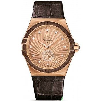 Réplique Omega Constellation Small Second Chronomètre automatique 35 mm Édition limitée Cadran diamant en or rose Bracelet en cuir marron Montre pour femme 123.58.35.20.99.001