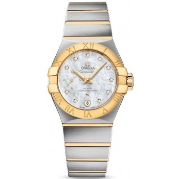 Réplique Omega Constellation Co-Axial Master Chronometer Montre pour femme en or jaune 18 carats avec cadran en nacre et diamant 127.20.27.20.55.002