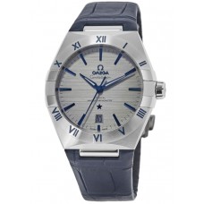 Réplique Omega Constellation Co-Axial Master Chronometer Cadran gris Bracelet en cuir bleu Montre pour homme 131.13.39.20.06.002