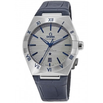 Réplique Omega Constellation Co-Axial Master Chronometer Cadran gris Bracelet en cuir bleu Montre pour homme 131.13.39.20.06.002