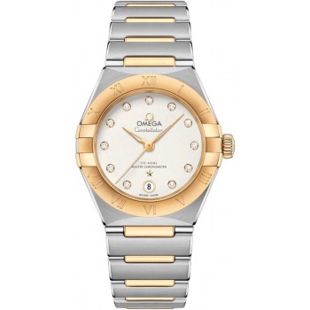 Réplique Omega Constellation Manhattan Chronometer 29 mm Cadran argenté Diamant Or jaune et acier inoxydable Montre pour femme 131.20.29.20.52.002