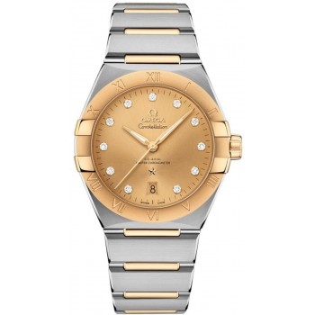 Réplique Montre pour homme Omega Constellation Co-Axial Master Chronometer Champagne Cadran diamant en or jaune et acier inoxydable 131.20.39.20.58.001