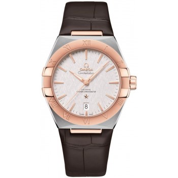 Réplique Montre pour homme Omega Constellation Co-Axial Master Chronometer Cadran argenté Or Sedna™ 18 carats Bracelet en cuir marron 131.23.39.20.02.001