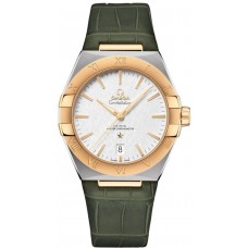 Réplique Omega Constellation Co-Axial Master Chronometer Cadran argenté Or jaune 18 carats Bracelet en cuir vert Montre pour homme 131.23.39.20.02.002