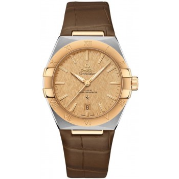 Réplique Omega Constellation Co-Axial Master Chronometer Cadran Champagne Or jaune 18 carats Bracelet en cuir marron Montre pour homme 131.23.39.20.08.001