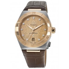 Réplique Omega Constellation Co-Axial Master Chronometer Champagne Cadran diamant Bracelet en cuir marron Montre pour homme 131.23.39.20.58.001