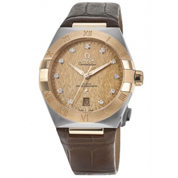 Réplique Omega Constellation Co-Axial Master Chronometer Champagne Cadran diamant Bracelet en cuir marron Montre pour homme 131.23.39.20.58.001