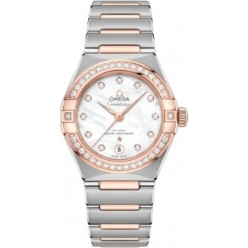 Réplique Omega Constellation Manhattan Chronometer 29 mm Cadran en nacre Diamant Or rose et acier inoxydable Montre pour femme 131.25.29.20.55.001