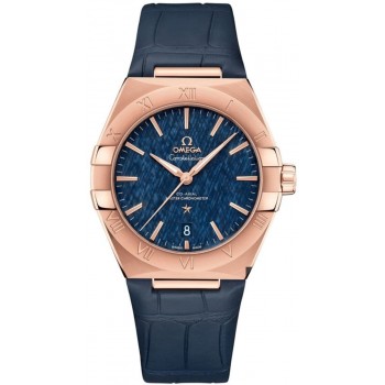 Réplique Montre pour homme Omega Constellation Co-Axial Master Chronometer Cadran bleu Sedna™ Bracelet en cuir bleu doré 131.53.39.20.03.001