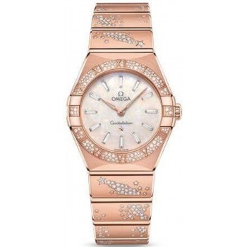 Réplique Montre Omega Constellation Manhattan Quartz 28 mm avec cadran en nacre et diamant en or rose pour femme 131.55.28.60.99.001