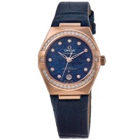 Réplique Omega Constellation Chronomètre 29 mm Cadran bleu Diamant Or rose Bracelet en cuir Montre pour femme 131.58.29.20.99.006