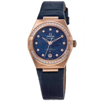 Réplique Omega Constellation Chronomètre 29 mm Cadran bleu Diamant Or rose Bracelet en cuir Montre pour femme 131.58.29.20.99.006