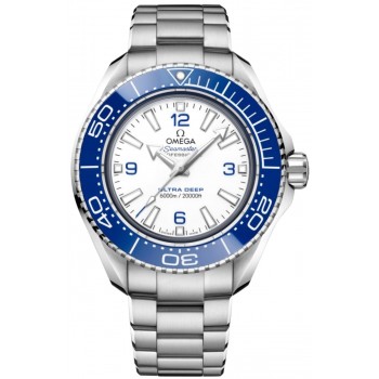 Réplique Omega Seamaster Planet Ocean 6000M Co-Axial Master Chronometer 45,5 mm Montre pour homme en acier avec cadran blanc ultra profond 215.30.46.21.04.001