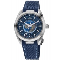 Réplique Montre Omega Seamaster Aqua Terra 150m Master Co-Axial Worldtimer avec cadran bleu et bracelet en caoutchouc pour homme 220.12.43.22.03.001