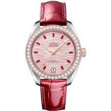 Réplique Montre Omega Seamaster Aqua Terra 150m Master Co-Axial avec cadran rose et bracelet en cuir pour femme 220.28.34.20.60.001