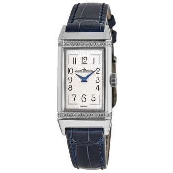 Réplique Montre Jaeger LeCoultre Reverso One à quartz avec cadran argenté et bracelet en cuir bleu pour femme 3288420