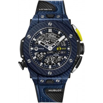 Réplique Montre pour homme Hublot Big Bang Unico Golf en édition limitée avec cadran squelette et bracelet en cuir bleu 416.YL.5120.VR