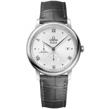 Réplique Montre pour homme Omega De Ville Prestige Power Reserve Co-Axial avec cadran argenté et bracelet en cuir 424.13.40.21.02.005