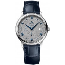 Réplique Montre pour homme Omega De Ville Prestige Power Reserve Co-Axial avec cadran gris et bracelet en cuir bleu 424.13.40.21.06.002