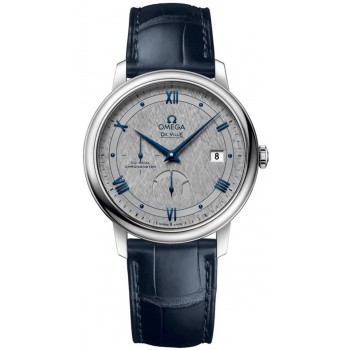 Réplique Montre pour homme Omega De Ville Prestige Power Reserve Co-Axial avec cadran gris et bracelet en cuir bleu 424.13.40.21.06.002