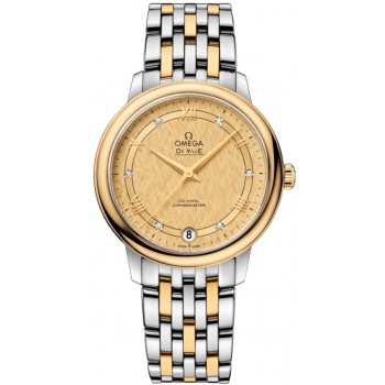 Réplique Montre pour femme Omega De Ville Prestige Co-Axial 32.7 Champagne avec cadran diamant en or jaune et acier 424.20.33.20.58.003