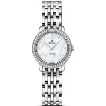 Réplique Montre pour femme Omega De Ville Prestige Quartz 24,4 mm Cadran en nacre Diamant Or blanc 424.55.24.60.55.003