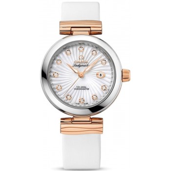 Réplique Montre pour femme Omega De Ville Ladymatic avec cadran diamant en nacre et bracelet en cuir 425.22.34.20.55.001