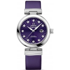 Réplique Montre pour femme Omega De Ville Ladymatic avec cadran diamant violet et bracelet en cuir 425.32.34.20.60.001