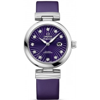 Réplique Montre pour femme Omega De Ville Ladymatic avec cadran diamant violet et bracelet en cuir 425.32.34.20.60.001