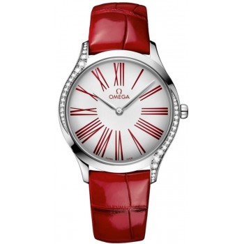 Réplique Montre pour femme Omega De Ville Tresor avec cadran blanc et bracelet en cuir rouge 428.18.36.60.04.002