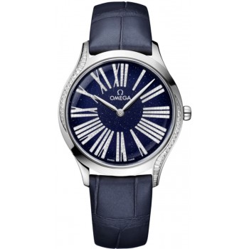 Réplique Montre pour femme Omega De Ville Tresor avec cadran bleu et diamant en or blanc et bracelet en cuir 428.58.36.60.53.001