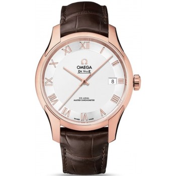 Réplique Montre Omega De Ville Hour Vision avec cadran argenté et bracelet en cuir or rose pour homme 433.53.41.21.02.001