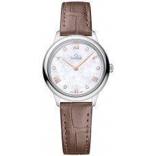 Réplique Montre pour femme Omega De Ville Prestige Quartz 27,5 mm avec cadran en nacre et diamant et bracelet en cuir 434.13.28.60.55.001