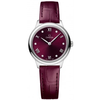 Réplique Montre pour femme Omega De Ville Prestige Quartz 27,5 mm avec cadran diamant bordeaux et bracelet en cuir 434.13.28.60.61.001