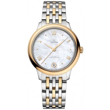 Réplique Montre pour femme Omega De Ville Prestige Co-Axial Master Chronometer 34 mm, cadran en nacre, or jaune et acier 434.20.34.20.05.002