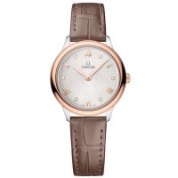 Réplique Montre pour femme Omega De Ville Prestige Quartz 27,5 mm avec cadran diamant argenté et bracelet en cuir 434.23.28.60.52.001