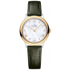 Réplique Montre pour femme Omega De Ville Prestige Quartz 27,5 mm avec cadran en nacre et diamant et bracelet en cuir 434.23.28.60.55.001