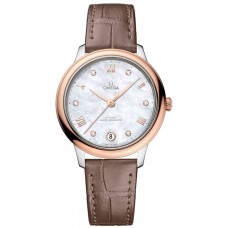 Réplique Omega De Ville Prestige Co-Axial Master Chronometer 34 mm Cadran diamant en nacre Bracelet en cuir Montre pour femme 434.23.34.20.55.001