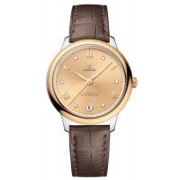 Réplique Montre pour femme Omega De Ville Prestige Co-Axial Master Chronometer 34 mm, cadran diamant doré, bracelet en cuir 434.23.34.20.58.001