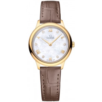 Réplique Montre pour femme Omega De Ville Prestige Quartz 27,5 mm Cadran diamant nacre Or jaune 18 carats Bracelet en cuir 434.53.28.60.55.002