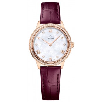 Réplique Montre pour femme Omega De Ville Prestige Quartz 27,5 mm Cadran en nacre Diamant Or rose 18 carats Bracelet en cuir 434.58.28.60.55.001