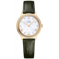 Réplique Montre pour femme Omega De Ville Prestige Quartz 27,5 mm Cadran en nacre Diamant Or jaune 18 carats Bracelet en cuir 434.58.28.60.55.002