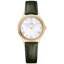 Réplique Montre pour femme Omega De Ville Prestige Quartz 27,5 mm Cadran en nacre Diamant Or jaune 18 carats Bracelet en cuir 434.58.28.60.55.002