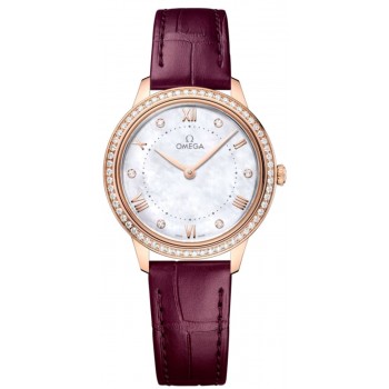 Réplique Montre pour femme Omega De Ville Prestige Quartz 30 mm Cadran en nacre Bracelet en cuir diamant 434.58.30.60.55.001