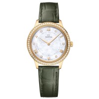 Réplique Montre pour femme Omega De Ville Prestige Quartz 30 mm Cadran en nacre Diamant Or jaune 18 carats Bracelet en cuir 434.58.30.60.55.002