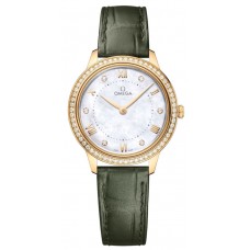 Réplique Montre pour femme Omega De Ville Prestige Quartz 30 mm Cadran en nacre Diamant Or jaune 18 carats Bracelet en cuir 434.58.30.60.55.002