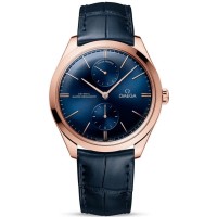 Réplique Montre pour homme Omega De Ville Tresor avec cadran bleu et bracelet en cuir or rose 18 carats 435.53.40.22.03.001