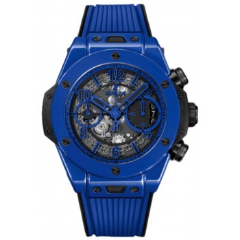 Réplique Montre pour homme Hublot Big Bang Unico Blue Magic avec cadran squelette et bracelet en caoutchouc 441.ES.5119.RX