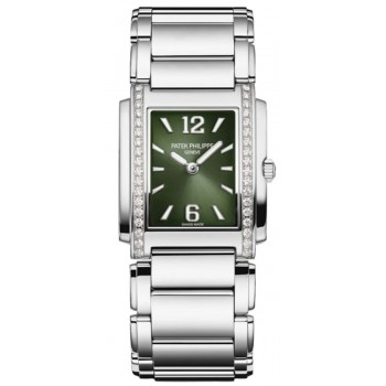 Réplique Montre pour femme Patek Philippe Twenty-4 en acier avec cadran vert Sunburst 4910/1200A-011