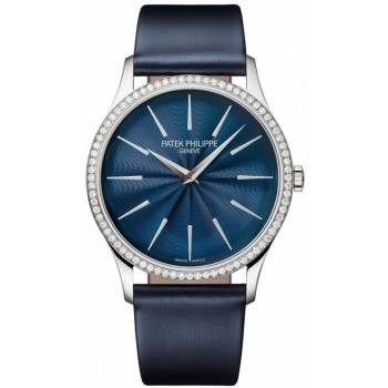 Réplique Montre pour femme Patek Philippe Calatrava avec cadran bleu et bracelet en cuir diamant 4997/200G-001